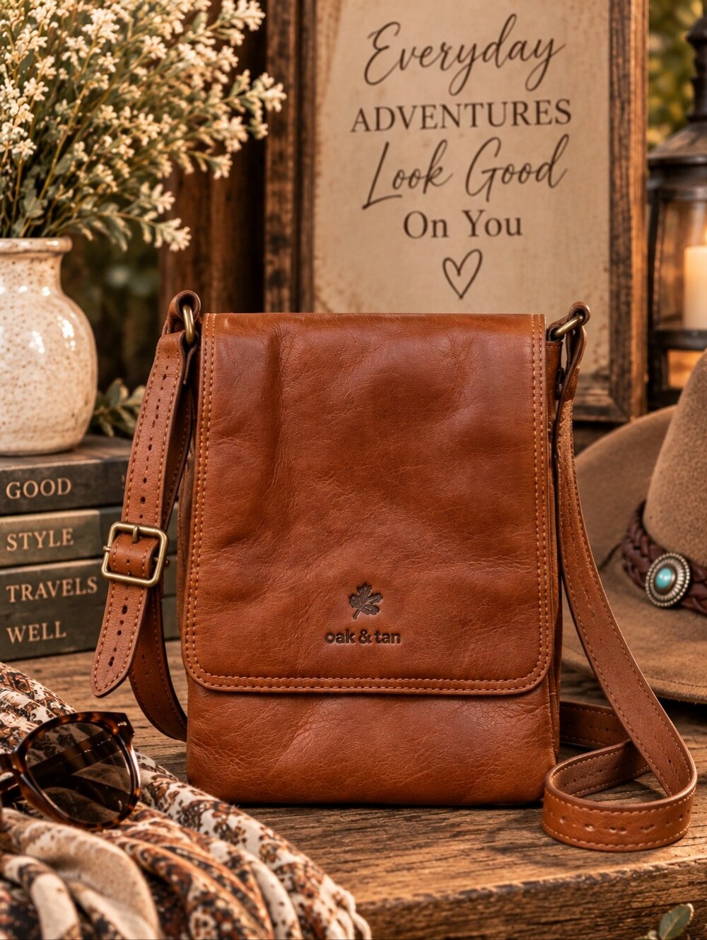 Oak & Tan Brown Leather Crossbody Bag 3 Section Organizer